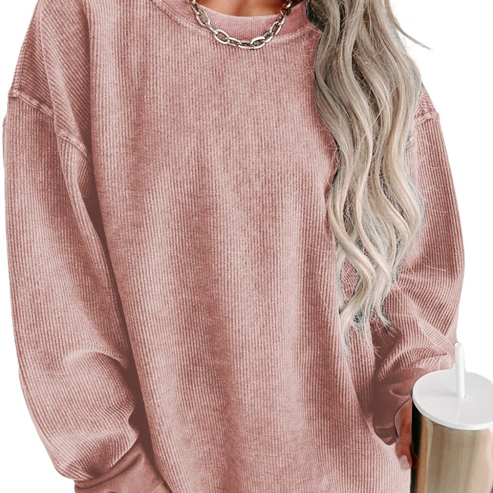 Cali Chic Women Sweatshirt Pink Solid Ribbed Knit Round Neck Pullover